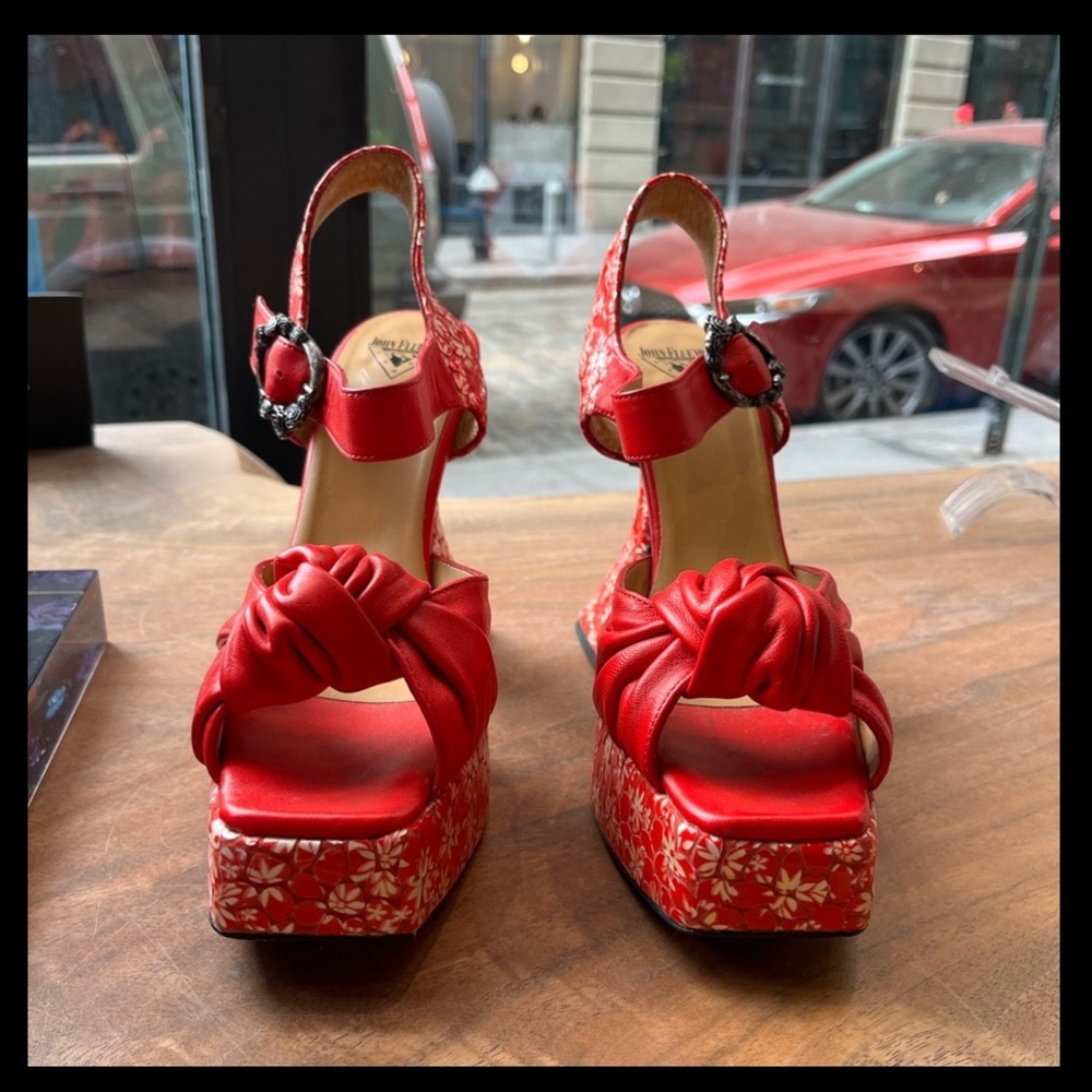 John Fluevog Mega Munster Red knotted Floral Deee Sandals